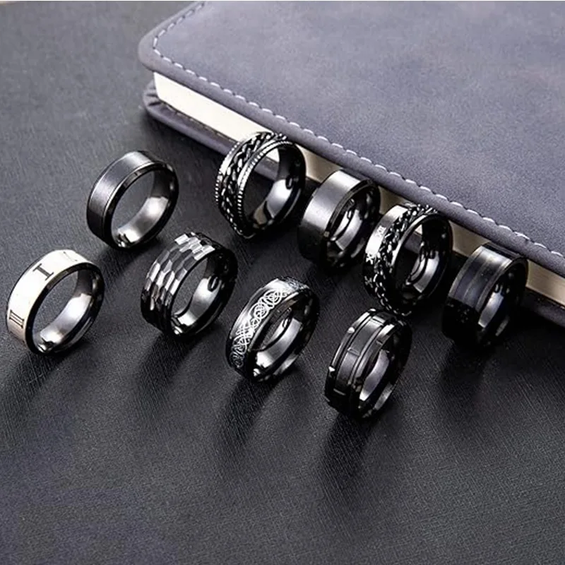9-Piece Stainless Steel Ring Set for Men and Women to Relieve Stress and Anxiety, Rotating Ring, Wedding Engagement Ring Set