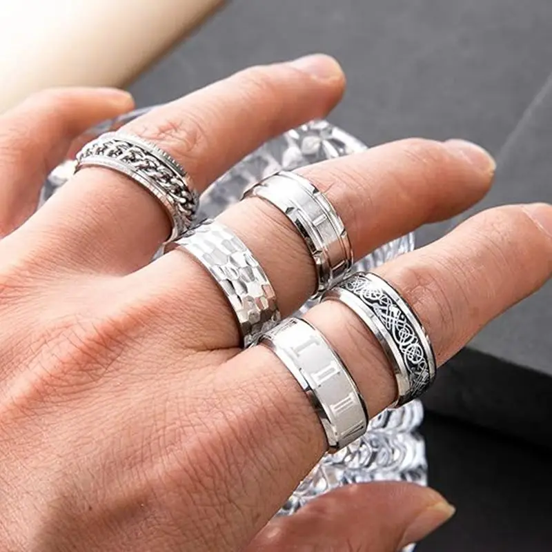 9-Piece Stainless Steel Ring Set for Men and Women to Relieve Stress and Anxiety, Rotating Ring, Wedding Engagement Ring Set