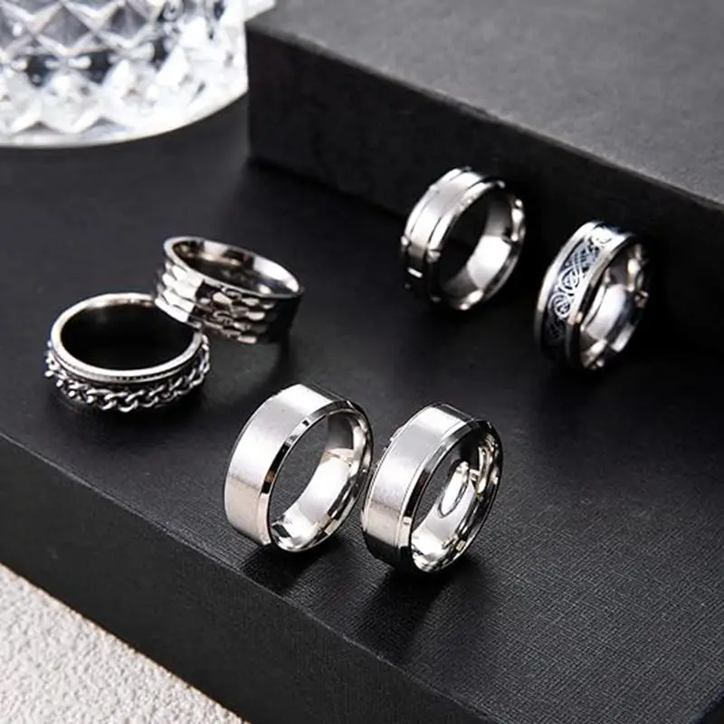 9-Piece Stainless Steel Ring Set for Men and Women to Relieve Stress and Anxiety, Rotating Ring, Wedding Engagement Ring Set