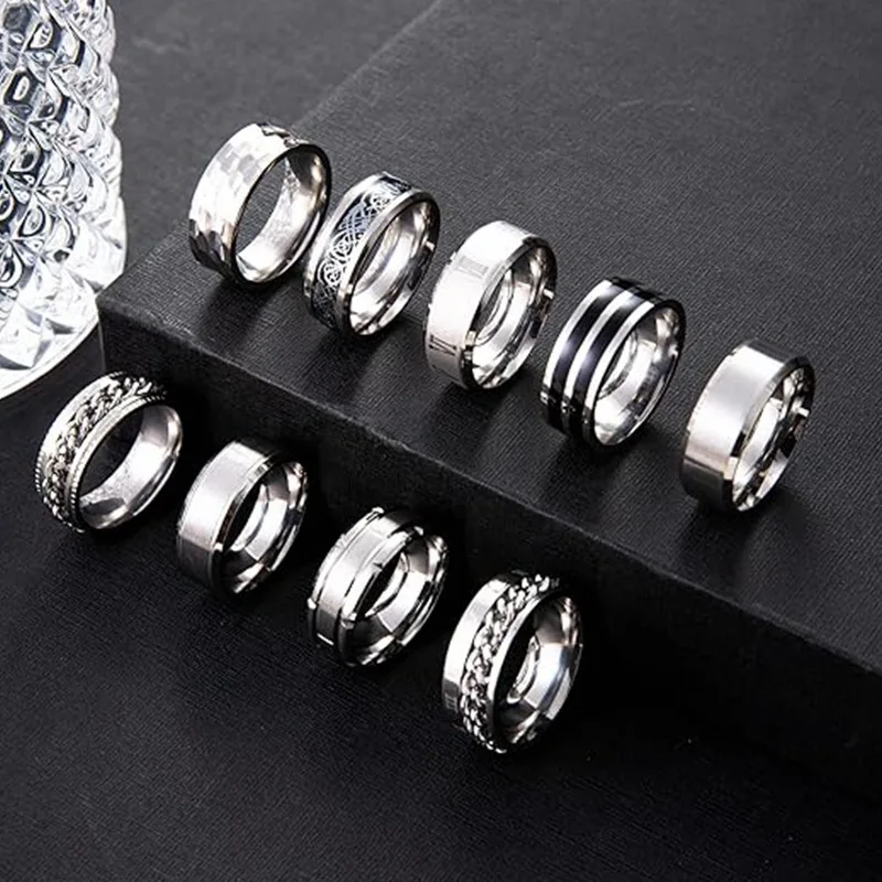 9-Piece Stainless Steel Ring Set for Men and Women to Relieve Stress and Anxiety, Rotating Ring, Wedding Engagement Ring Set