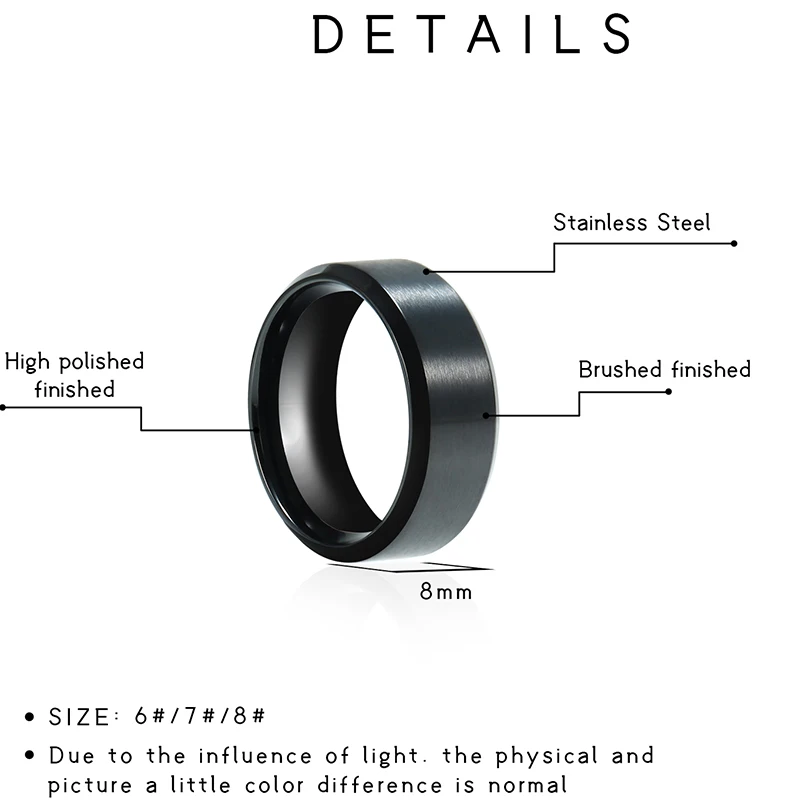 Black Rings Classic Stainless Steel Ring Engagement Wedding Bands For Men Female Couple Black Silver Color Fashion Jewelry 8/6mm