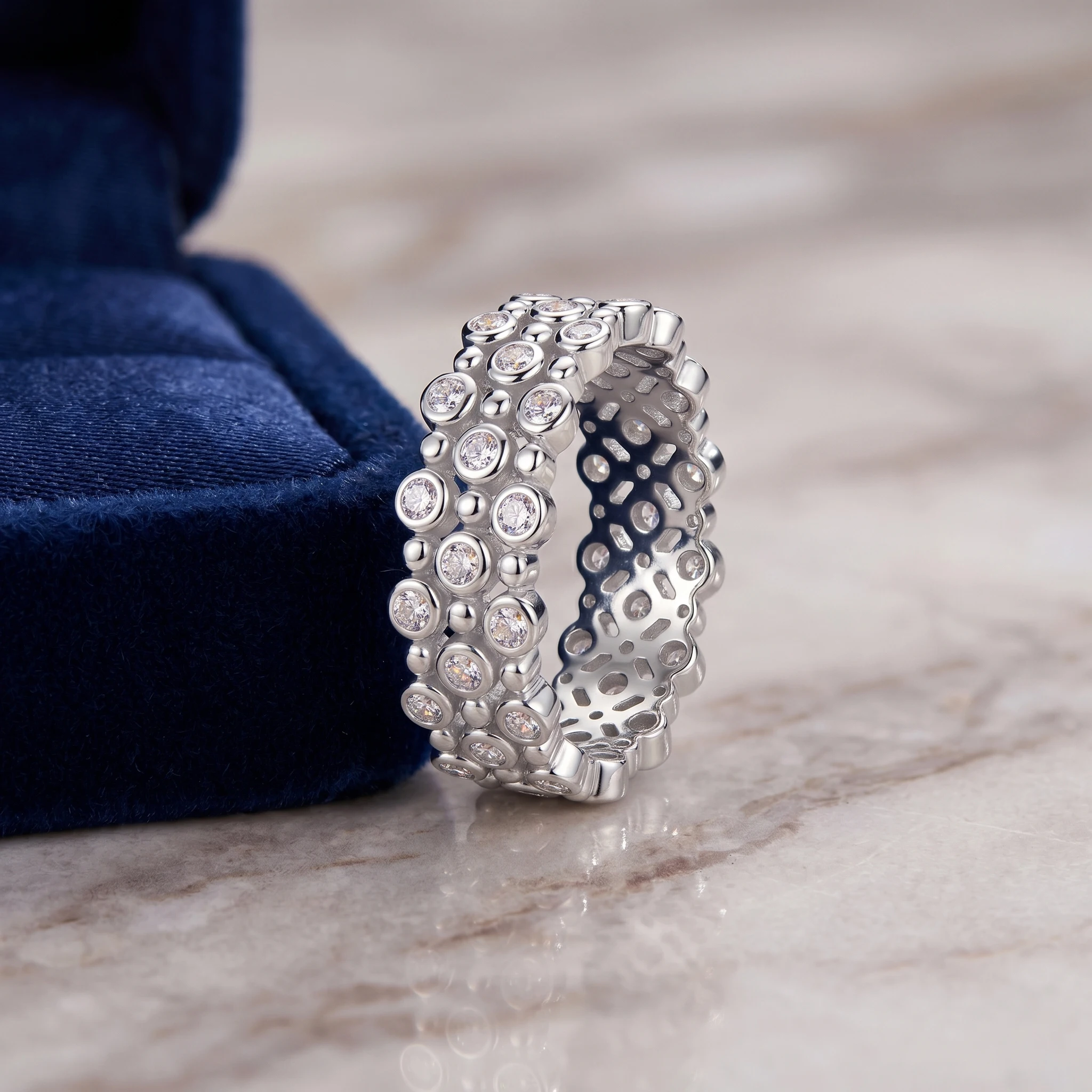 Bubble Multi Row Moissanite Ring, 925 Sterling Silver, D Color VVS1, Heavy Wide Shank, Light Luxury Gift, With Certificate