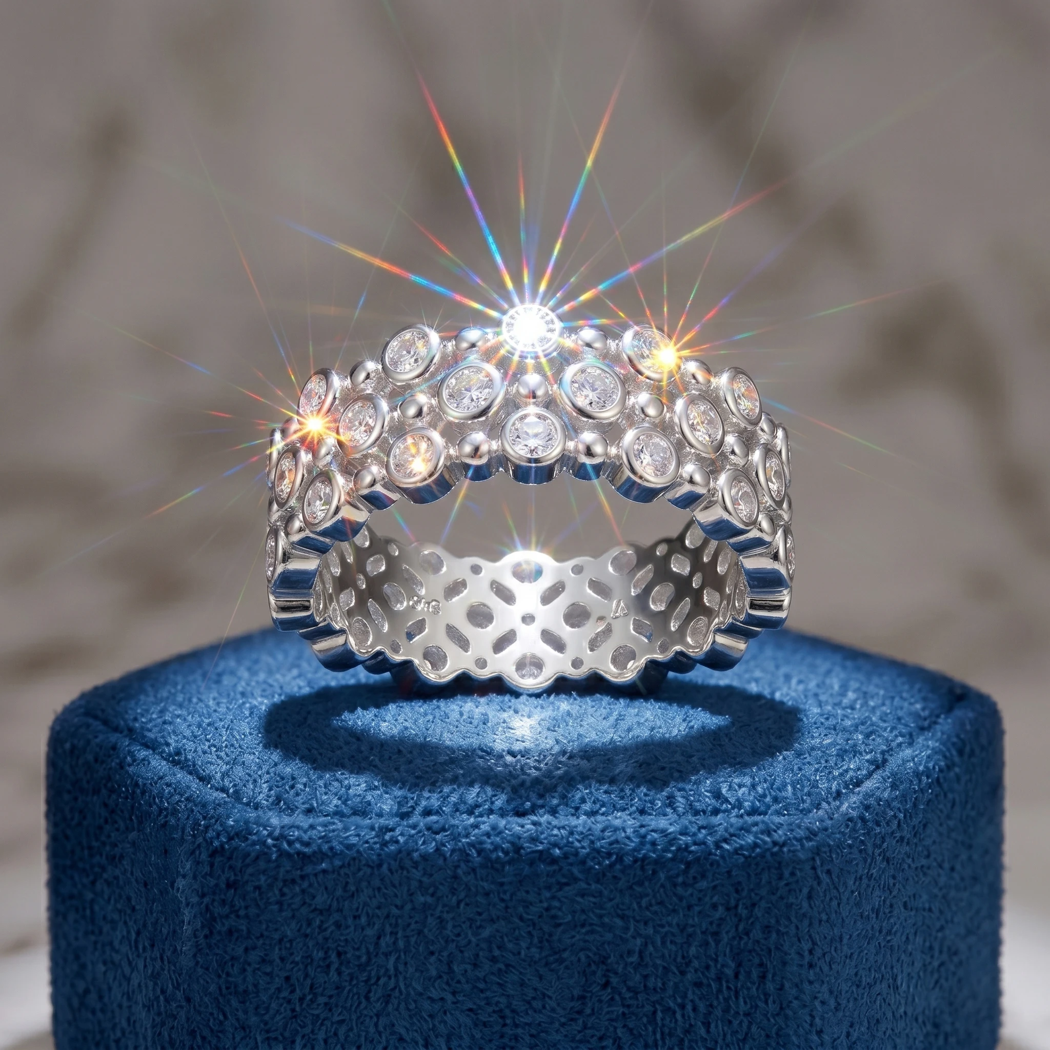 Bubble Multi Row Moissanite Ring, 925 Sterling Silver, D Color VVS1, Heavy Wide Shank, Light Luxury Gift, With Certificate