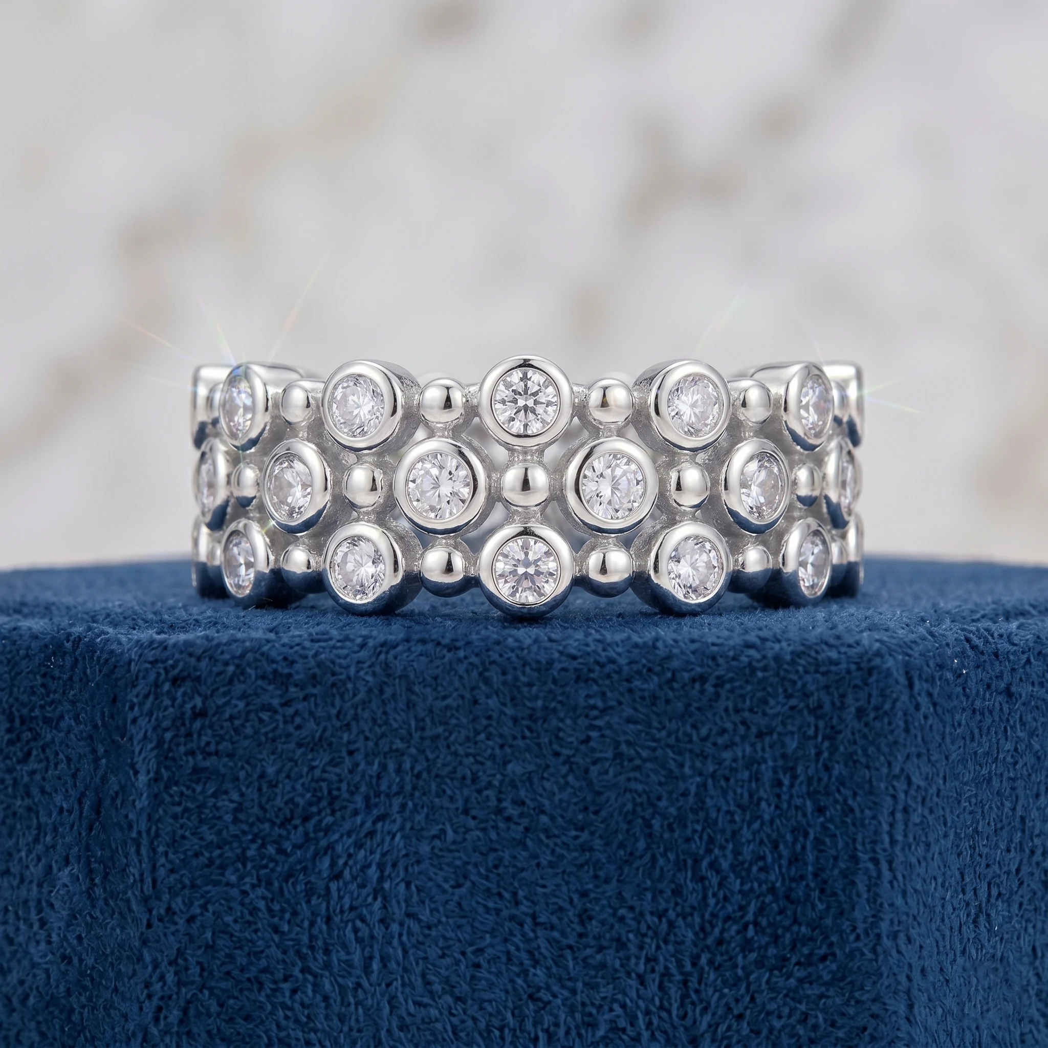 Bubble Multi Row Moissanite Ring, 925 Sterling Silver, D Color VVS1, Heavy Wide Shank, Light Luxury Gift, With Certificate