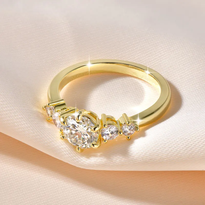 Rrjzz 1CT D Color VVS1 Round Cut Lab Imitation Diamond Moissanite Engagement Ring with GRA 14k Gold Plated  Women Wedding Ring