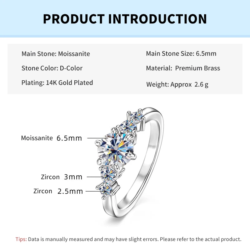 Rrjzz 1CT D Color VVS1 Round Cut Lab Imitation Diamond Moissanite Engagement Ring with GRA 14k Gold Plated  Women Wedding Ring