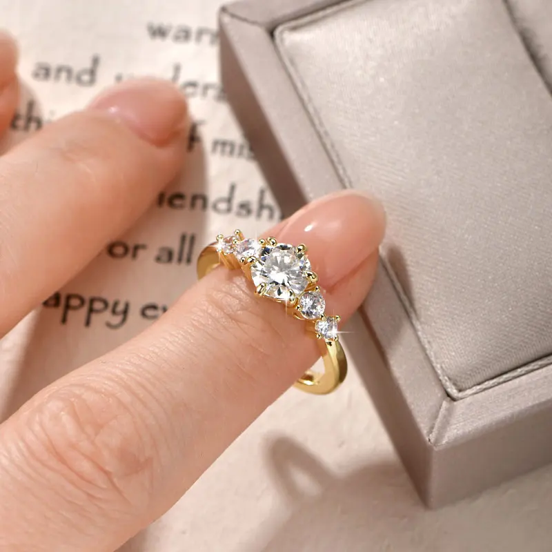 Rrjzz 1CT D Color VVS1 Round Cut Lab Imitation Diamond Moissanite Engagement Ring with GRA 14k Gold Plated  Women Wedding Ring
