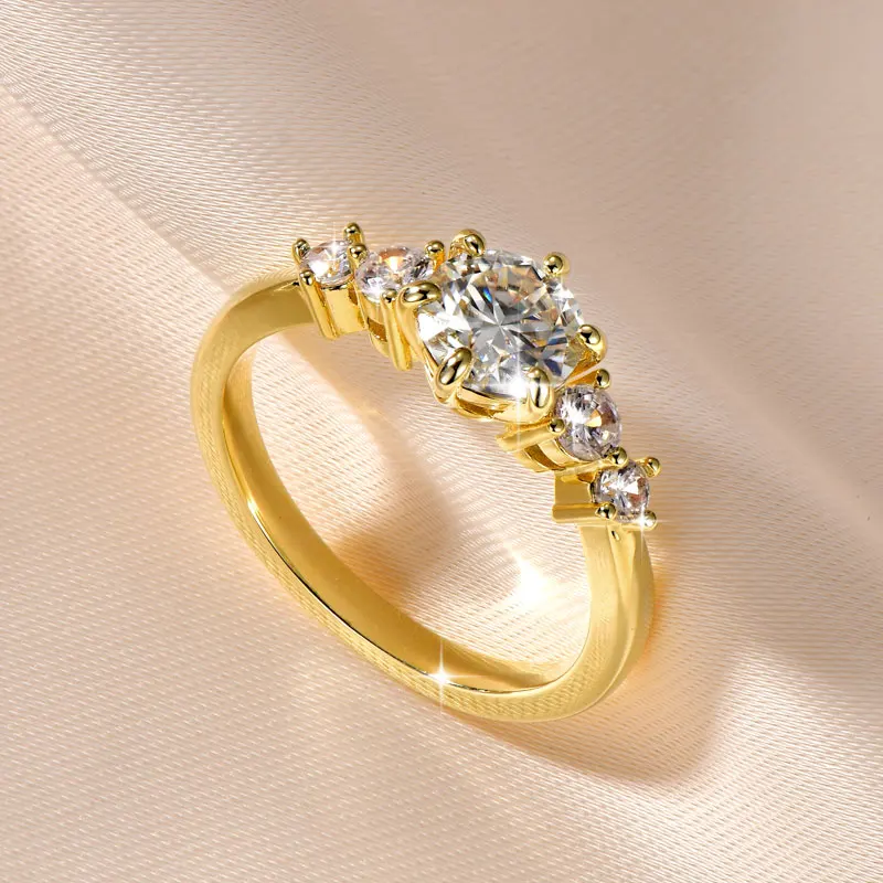 Rrjzz 1CT D Color VVS1 Round Cut Lab Imitation Diamond Moissanite Engagement Ring with GRA 14k Gold Plated  Women Wedding Ring