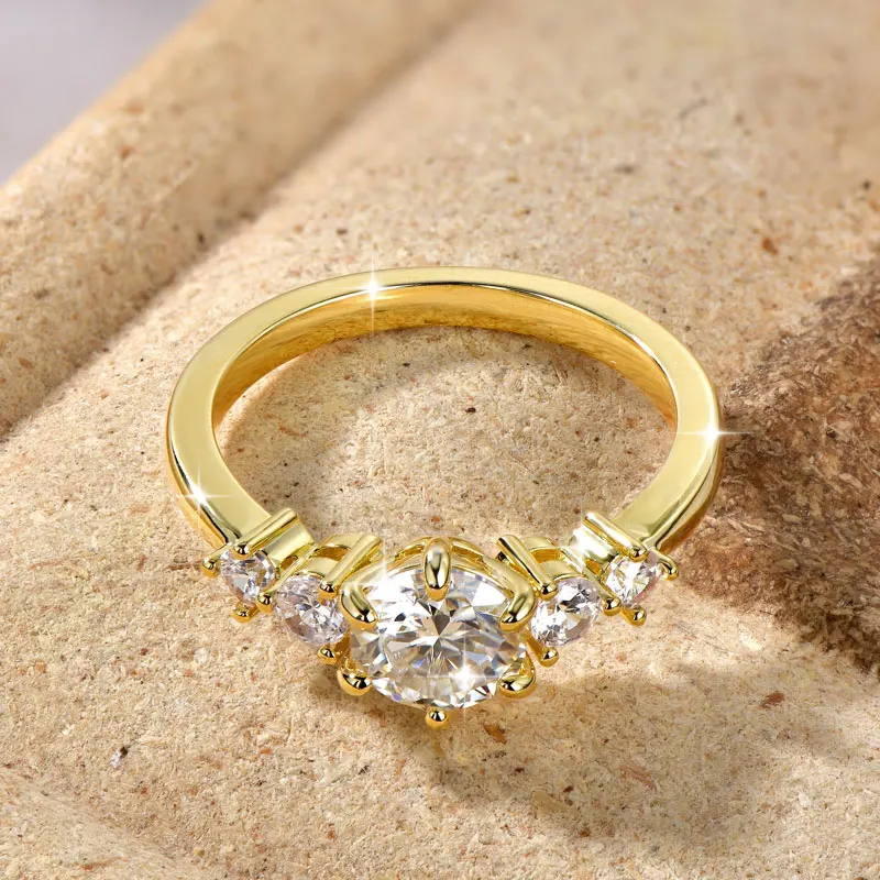 Rrjzz 1CT D Color VVS1 Round Cut Lab Imitation Diamond Moissanite Engagement Ring with GRA 14k Gold Plated  Women Wedding Ring