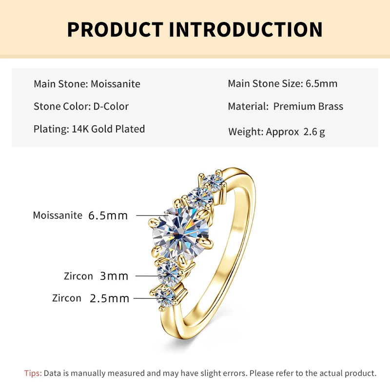 Rrjzz 1CT D Color VVS1 Round Cut Lab Imitation Diamond Moissanite Engagement Ring with GRA 14k Gold Plated  Women Wedding Ring