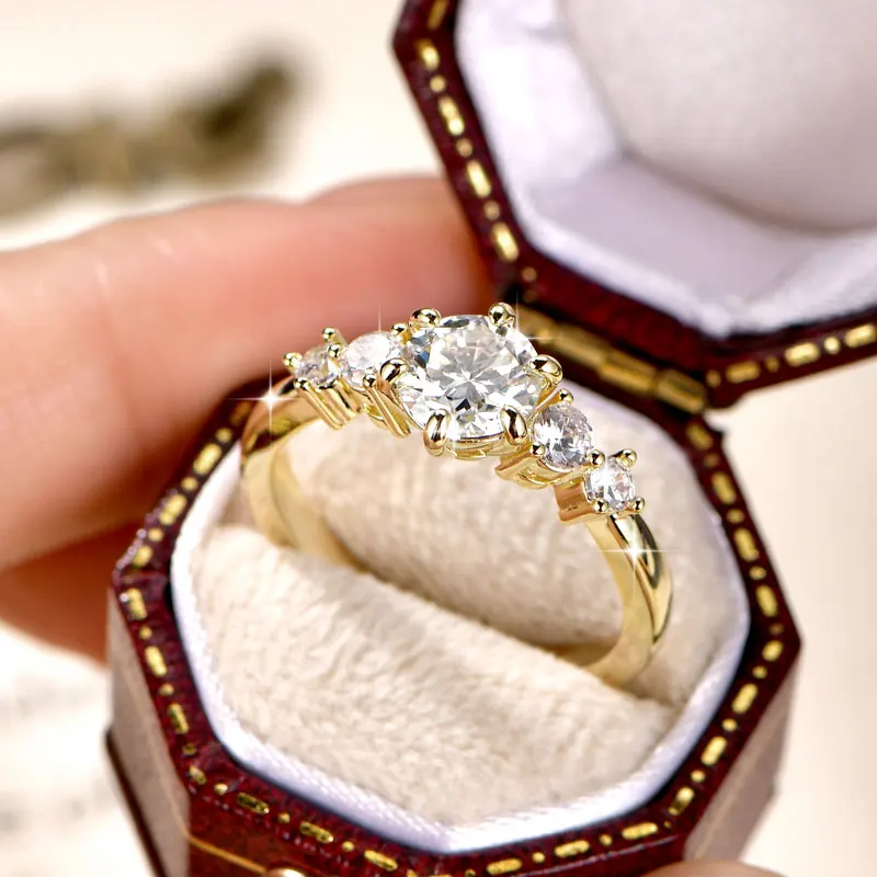Rrjzz 1CT D Color VVS1 Round Cut Lab Imitation Diamond Moissanite Engagement Ring with GRA 14k Gold Plated  Women Wedding Ring