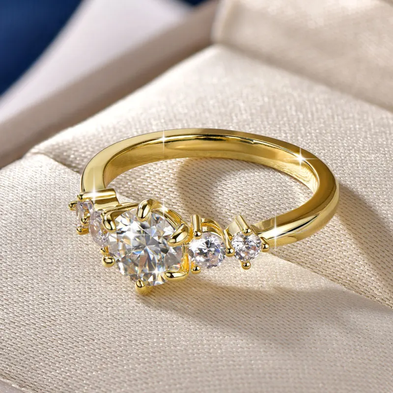Rrjzz 1CT D Color VVS1 Round Cut Lab Imitation Diamond Moissanite Engagement Ring with GRA 14k Gold Plated  Women Wedding Ring