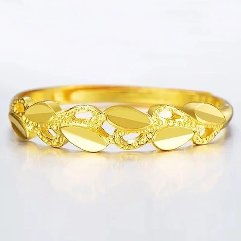 Luxurious 24K 9999 gold natural simple leaf hollow retro women's ring