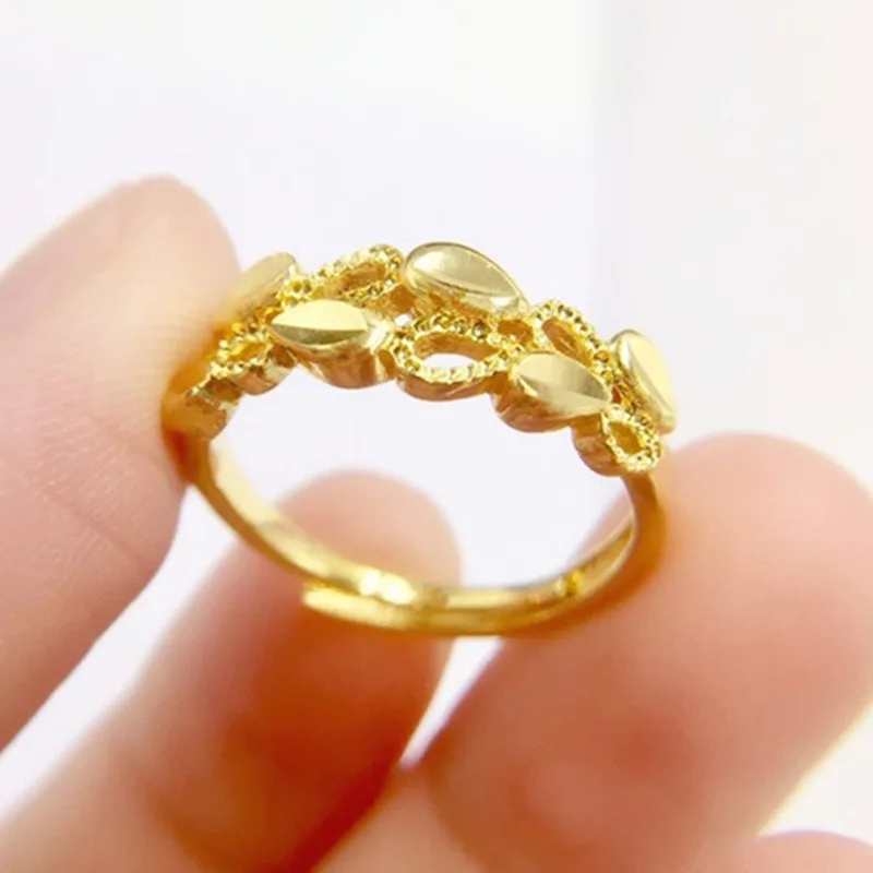 Luxurious 24K 9999 gold natural simple leaf hollow retro women's ring