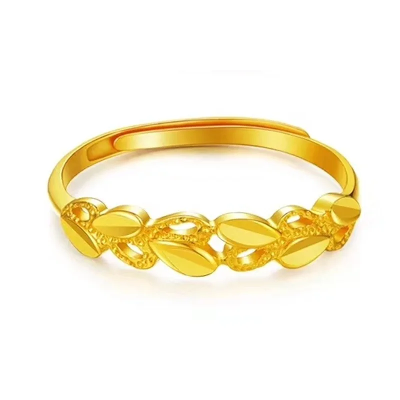 Luxurious 24K 9999 gold natural simple leaf hollow retro women's ring