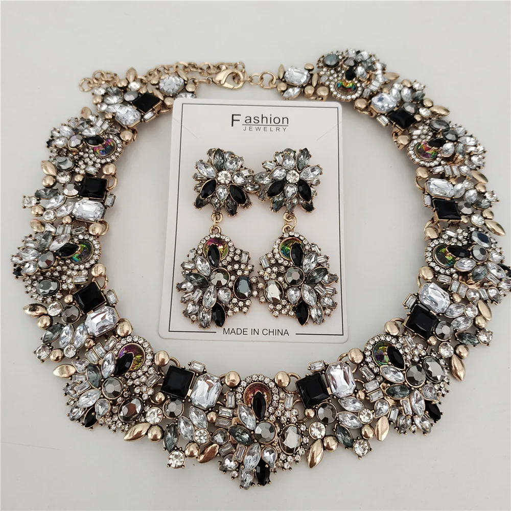 2026 New Fashion Crystal Rhinestones Large Collar Choker Necklace Earrings Women Jewelry Sets Indian Statement Wedding Necklace