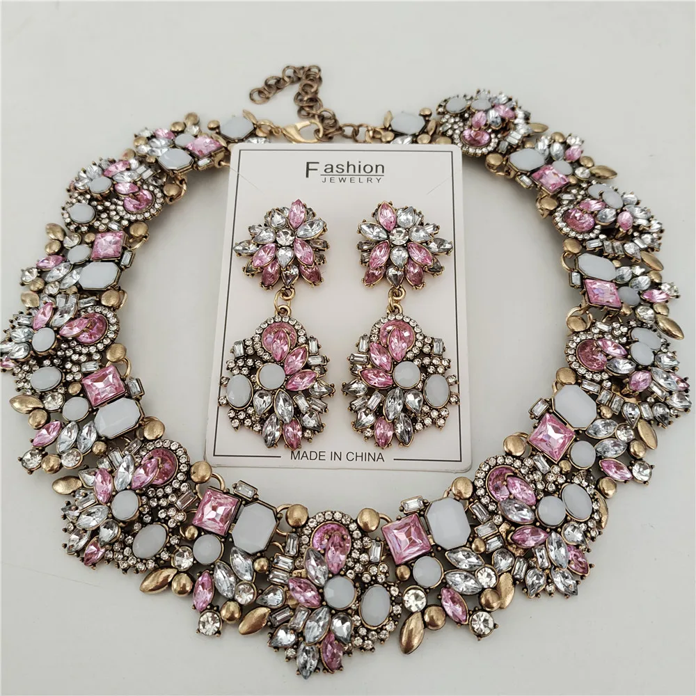 2026 New Fashion Crystal Rhinestones Large Collar Choker Necklace Earrings Women Jewelry Sets Indian Statement Wedding Necklace