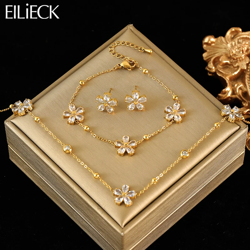EILIECK 316L Stainless Steel White Zirconia Flower Petal Necklace Bracelet Earrings Set For Women New Trendy Jewelry Party Gift EILIECK 316L Stainless Steel White Zirconia Flower Petal Necklace Bracelet Earrings Set For Women New Trendy Jewelry Party Gift