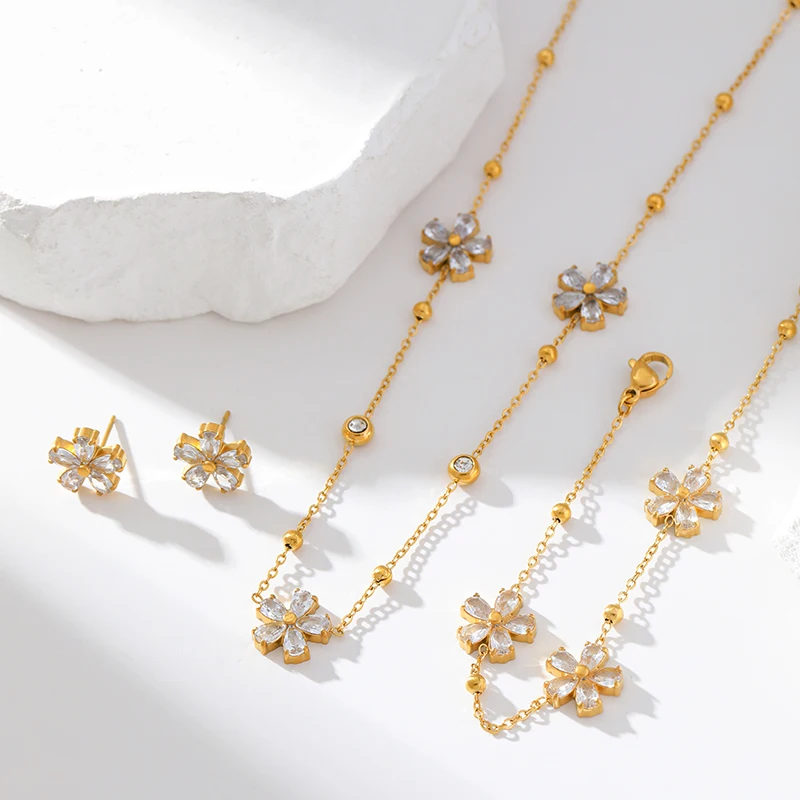 EILIECK 316L Stainless Steel White Zirconia Flower Petal Necklace Bracelet Earrings Set For Women New Trendy Jewelry Party Gift