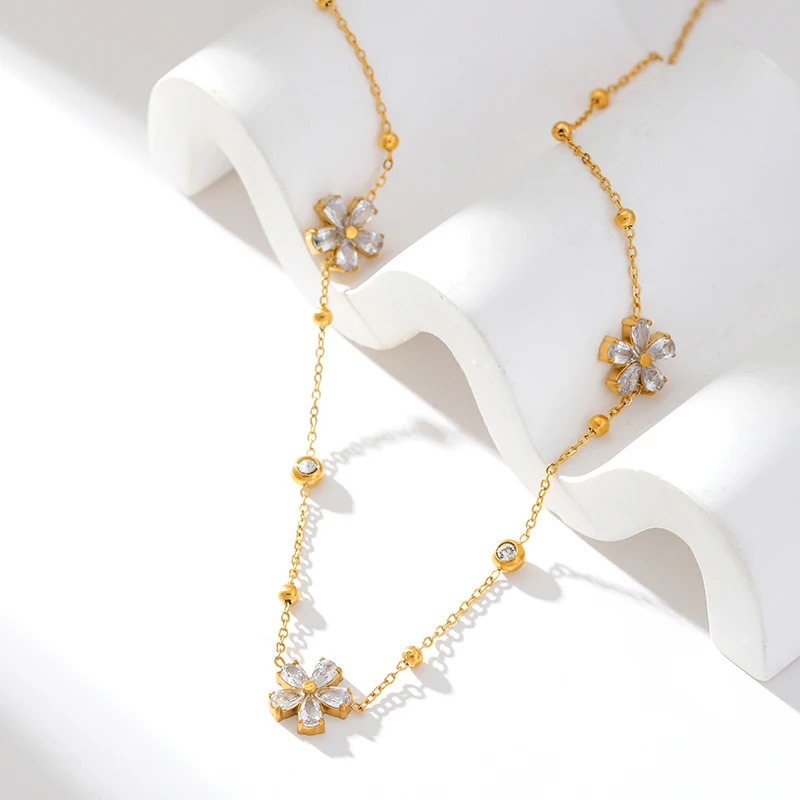 EILIECK 316L Stainless Steel White Zirconia Flower Petal Necklace Bracelet Earrings Set For Women New Trendy Jewelry Party Gift