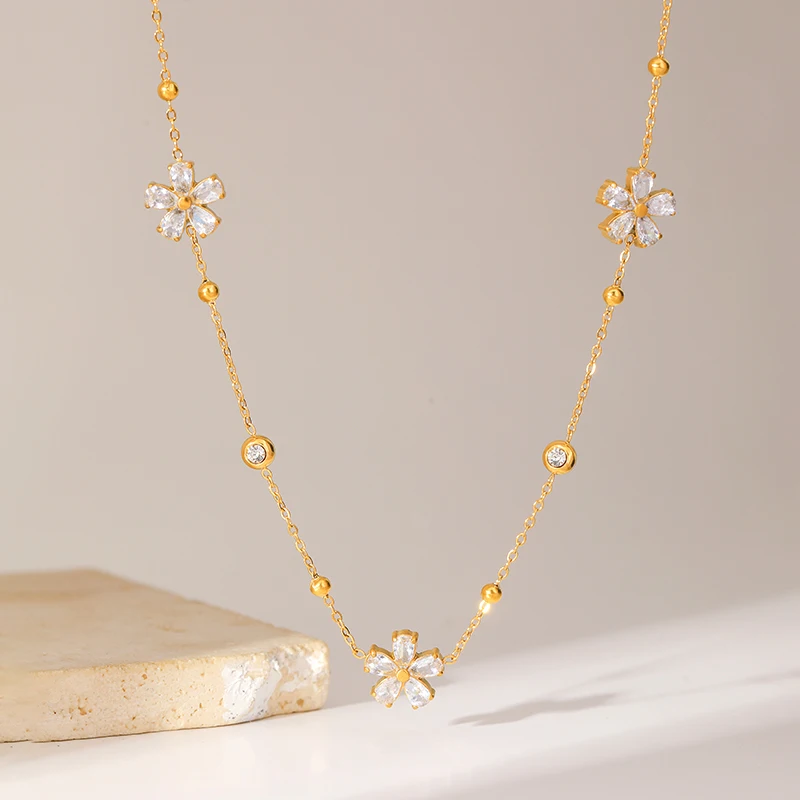 EILIECK 316L Stainless Steel White Zirconia Flower Petal Necklace Bracelet Earrings Set For Women New Trendy Jewelry Party Gift