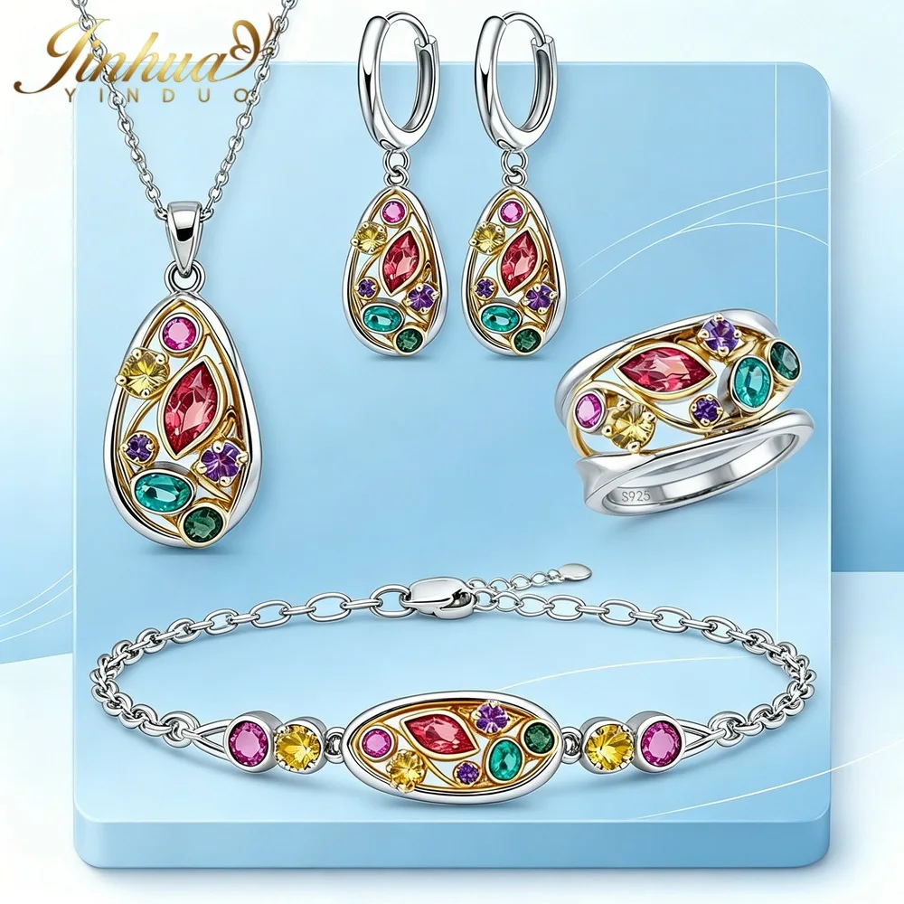 Wellness Jewelry Gift Set 925 Sterling Silver Women Improve Blood Circulation Natural Quartz Stone Bohemian Multicolor Crystals