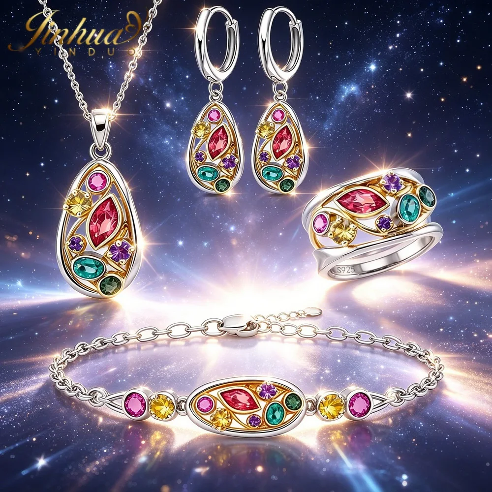 Wellness Jewelry Gift Set 925 Sterling Silver Women Improve Blood Circulation Natural Quartz Stone Bohemian Multicolor Crystals