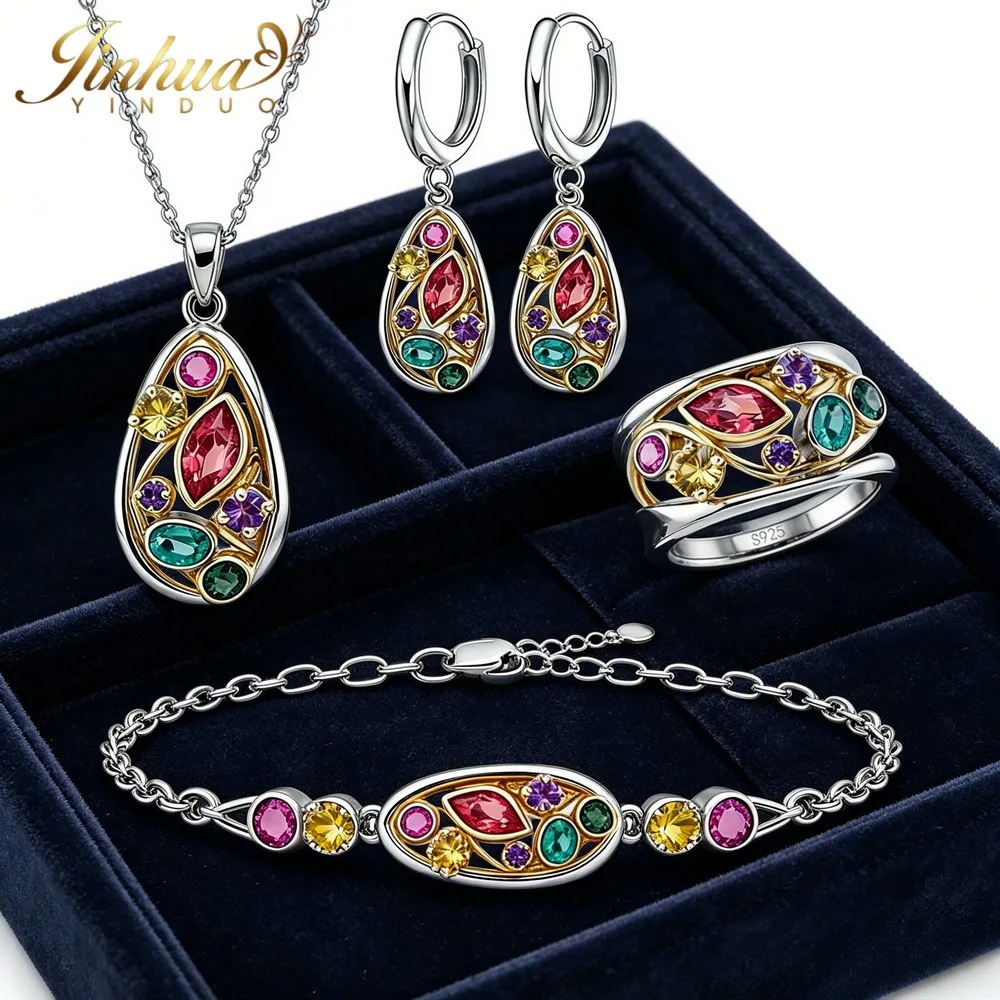 Wellness Jewelry Gift Set 925 Sterling Silver Women Improve Blood Circulation Natural Quartz Stone Bohemian Multicolor Crystals