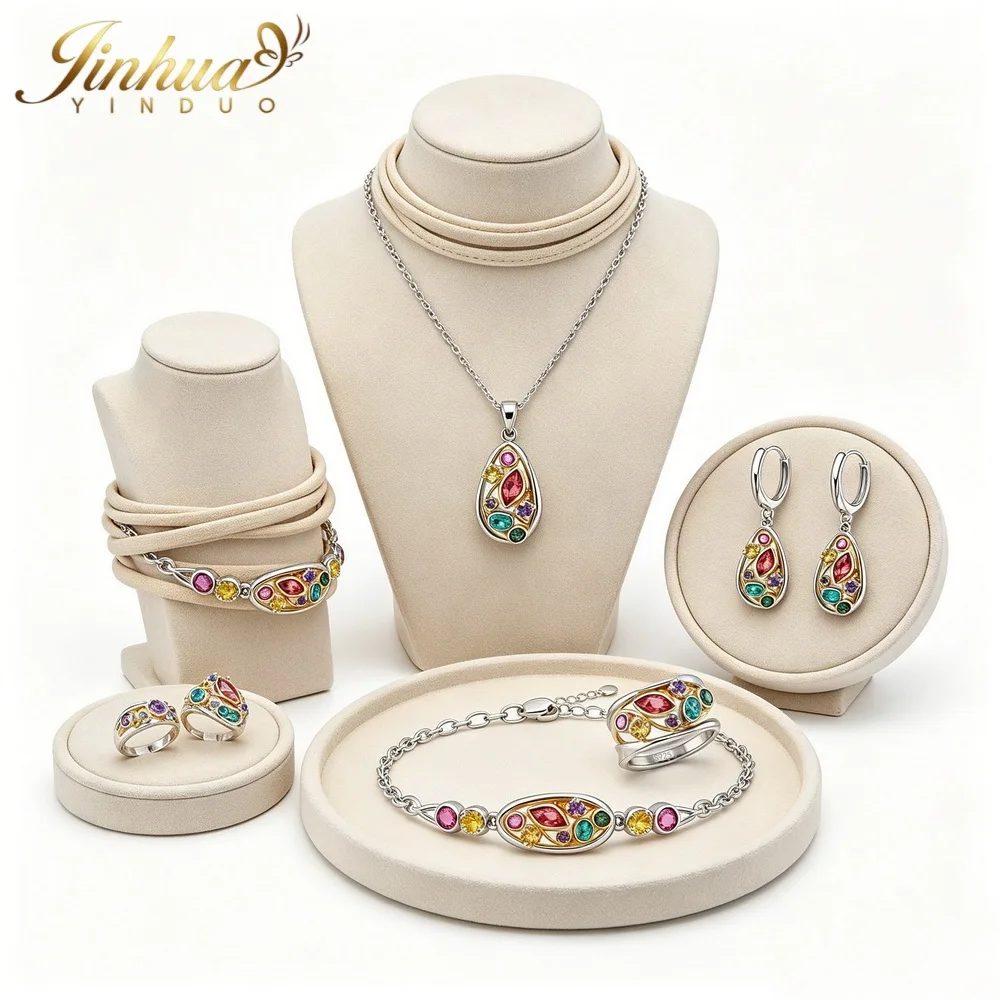 Wellness Jewelry Gift Set 925 Sterling Silver Women Improve Blood Circulation Natural Quartz Stone Bohemian Multicolor Crystals