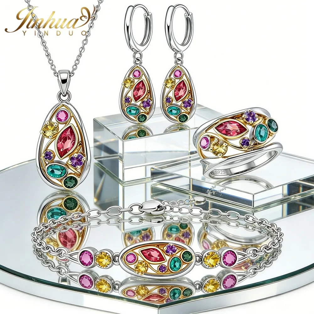 Wellness Jewelry Gift Set 925 Sterling Silver Women Improve Blood Circulation Natural Quartz Stone Bohemian Multicolor Crystals