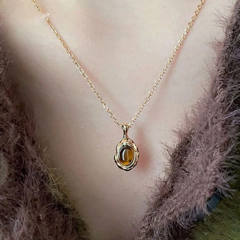 New Tiger Eye Single Pendant Necklace Earrings Rings Set for Woman Elegent Brown Stone Fine Jewelry Set Friendship Holiday Gift
