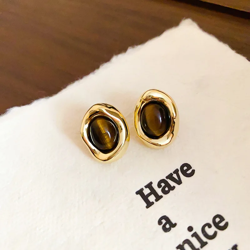 New Tiger Eye Single Pendant Necklace Earrings Rings Set for Woman Elegent Brown Stone Fine Jewelry Set Friendship Holiday Gift