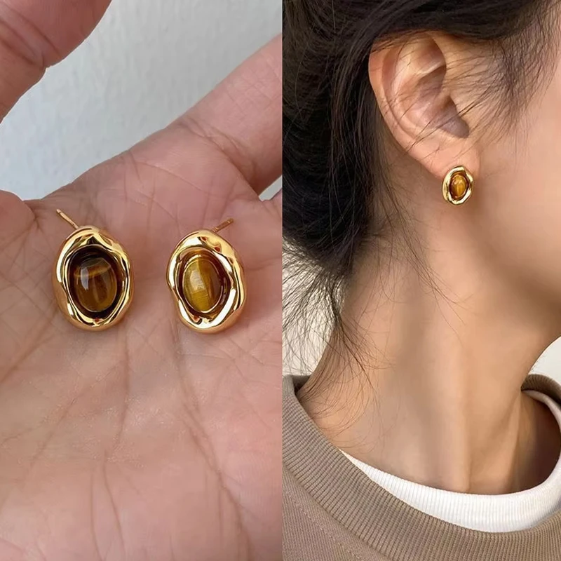New Tiger Eye Single Pendant Necklace Earrings Rings Set for Woman Elegent Brown Stone Fine Jewelry Set Friendship Holiday Gift