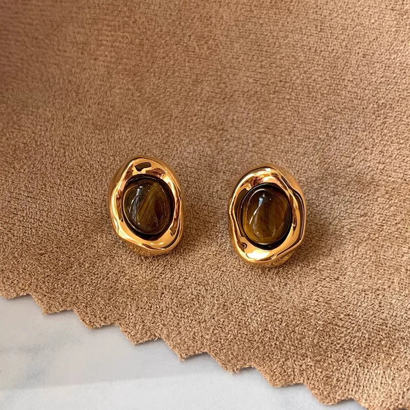 New Tiger Eye Single Pendant Necklace Earrings Rings Set for Woman Elegent Brown Stone Fine Jewelry Set Friendship Holiday Gift