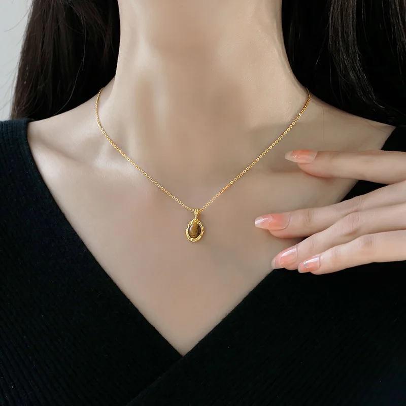 New Tiger Eye Single Pendant Necklace Earrings Rings Set for Woman Elegent Brown Stone Fine Jewelry Set Friendship Holiday Gift