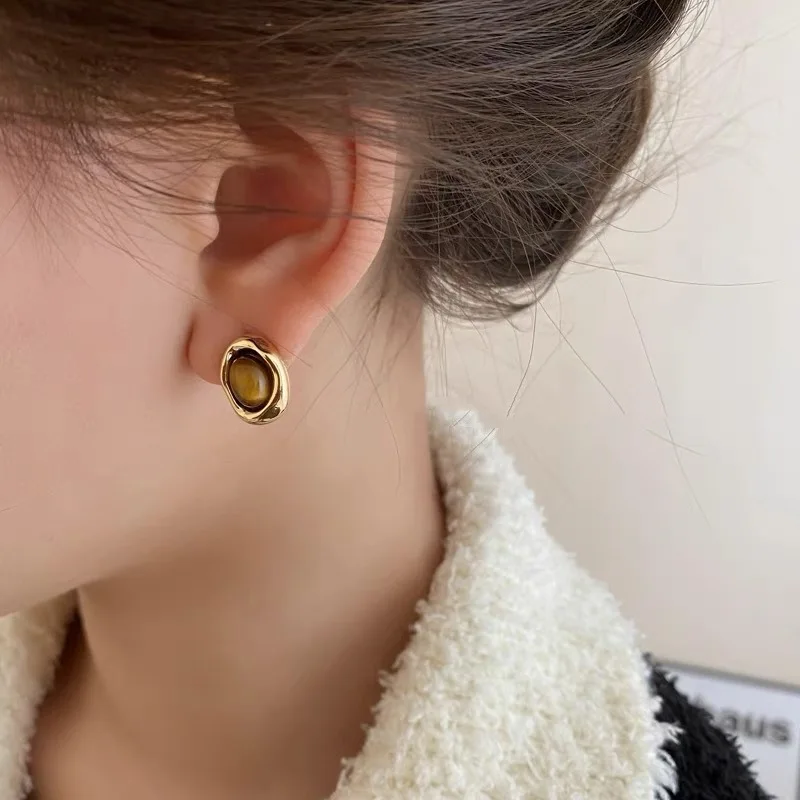 New Tiger Eye Single Pendant Necklace Earrings Rings Set for Woman Elegent Brown Stone Fine Jewelry Set Friendship Holiday Gift