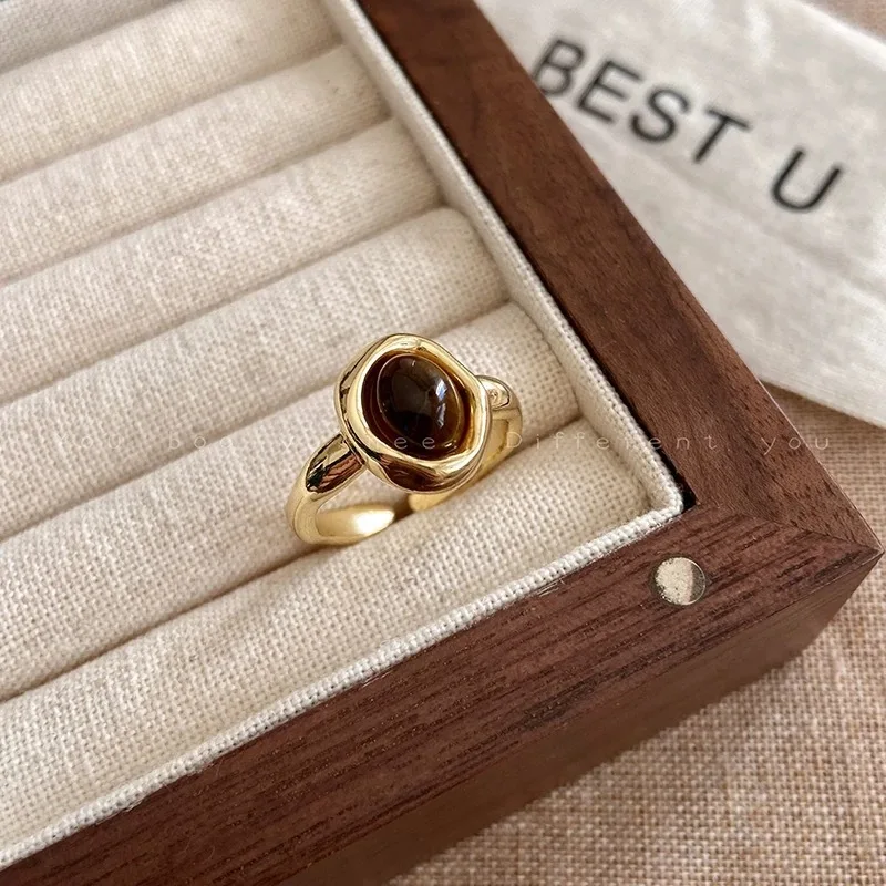 New Tiger Eye Single Pendant Necklace Earrings Rings Set for Woman Elegent Brown Stone Fine Jewelry Set Friendship Holiday Gift