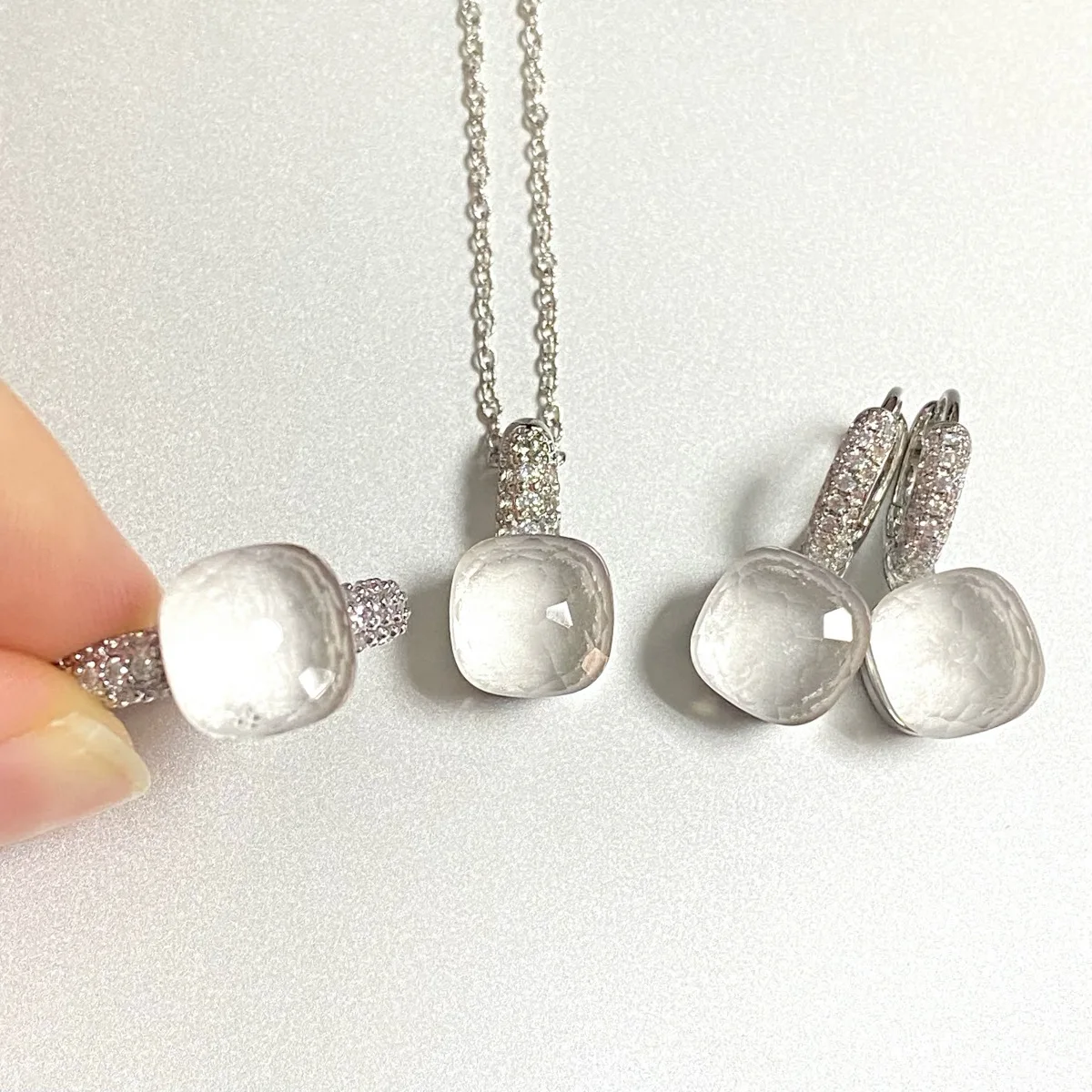 3Pcs/Set Women Ring Earrings Necklace Jewelry Set Inlay Zircon 30Colors Crystal Jewelry Set Platinum Plated Fashion Jewelry Gift