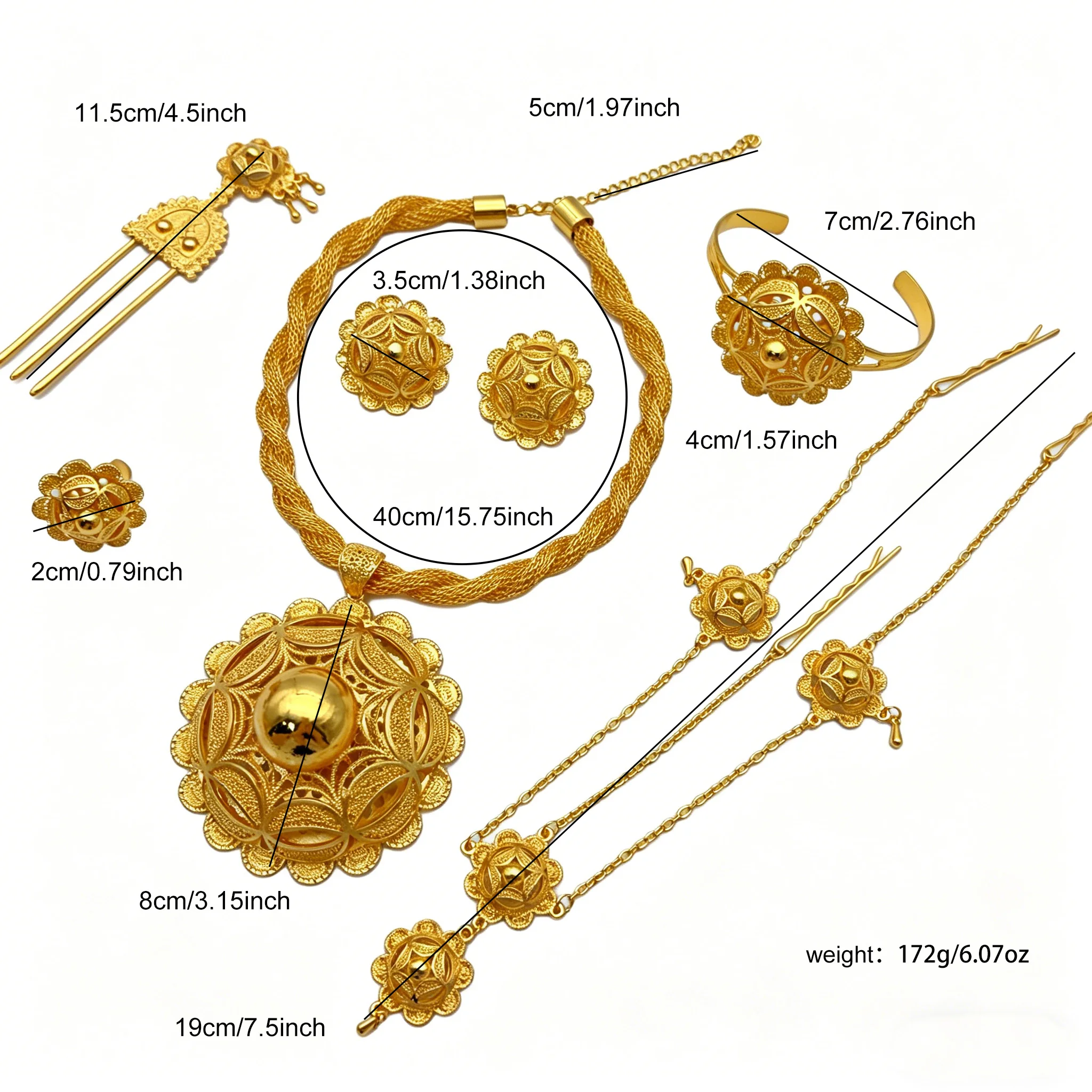 Ethiopian Dubai 24k Plated Gold 6PCS Jewelry Set For Woman African Indian Big Pendant Necklace Wedding Engagement Gifts