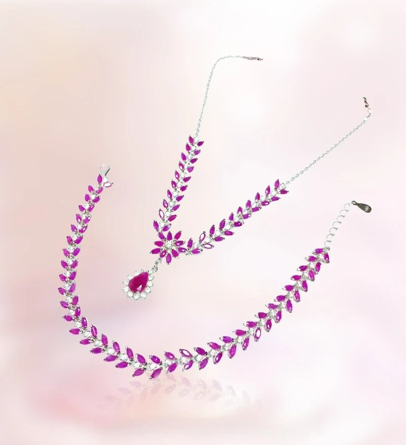 Heated Natural Ruby Necklace & Bracelet Set, 925 Silver Setting, Elegant Gemstone Jewelry Gift for Women Heated Natural Ruby Necklace & Bracelet Set, 925 Silver Setting, Elegant Gemstone Jewelry Gift for Women