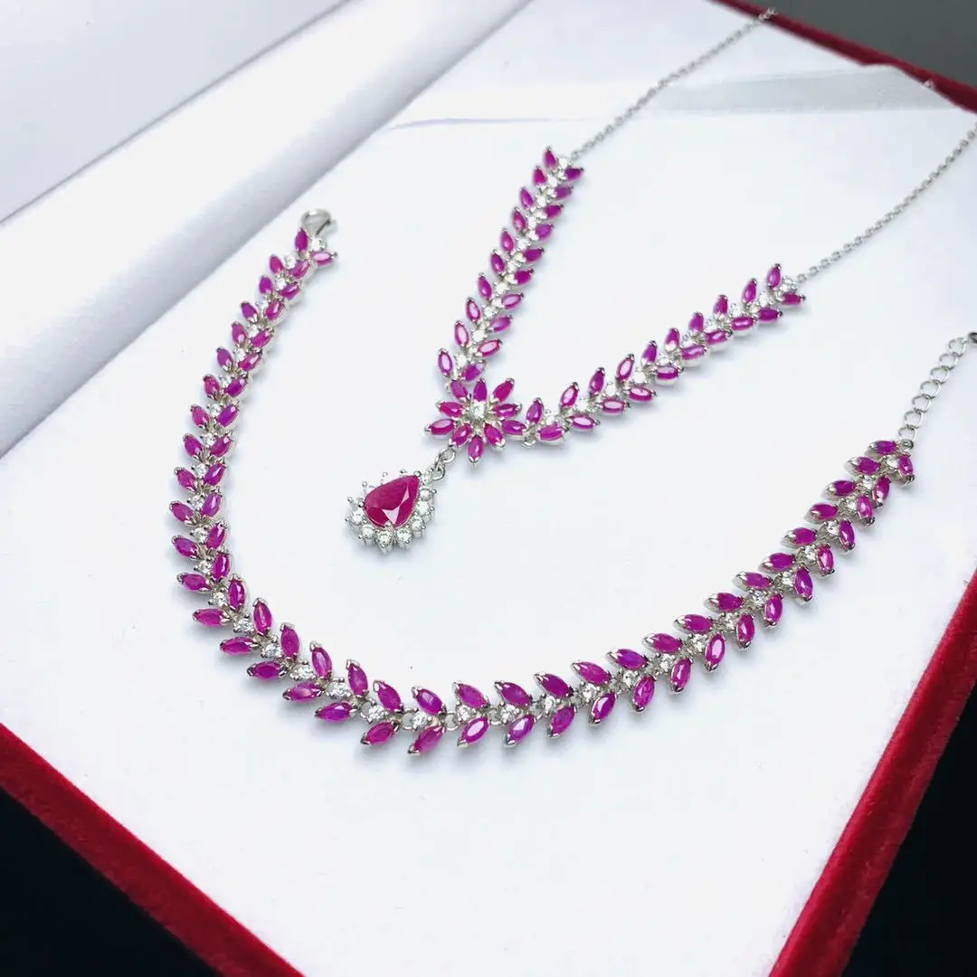 Heated Natural Ruby Necklace & Bracelet Set, 925 Silver Setting, Elegant Gemstone Jewelry Gift for Women Heated Natural Ruby Necklace & Bracelet Set, 925 Silver Setting, Elegant Gemstone Jewelry Gift for Women