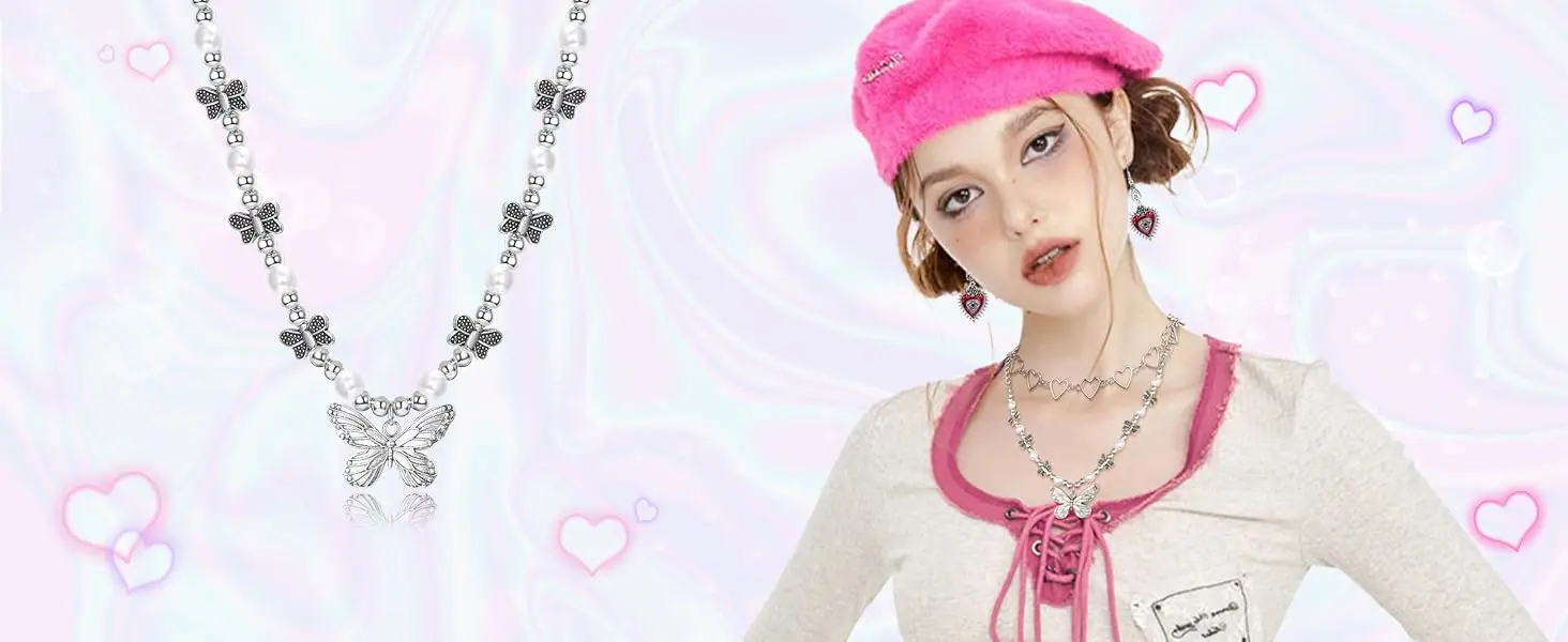 33 Pcs Vintage Grunge Punk Gothic Jewellery Set, Crystal Butterfly Cross Heart Necklaces Chokers Earrings, Adjustable Stackable Knuckle Rings Y2K Boho Fairy Accessories for Women and Men