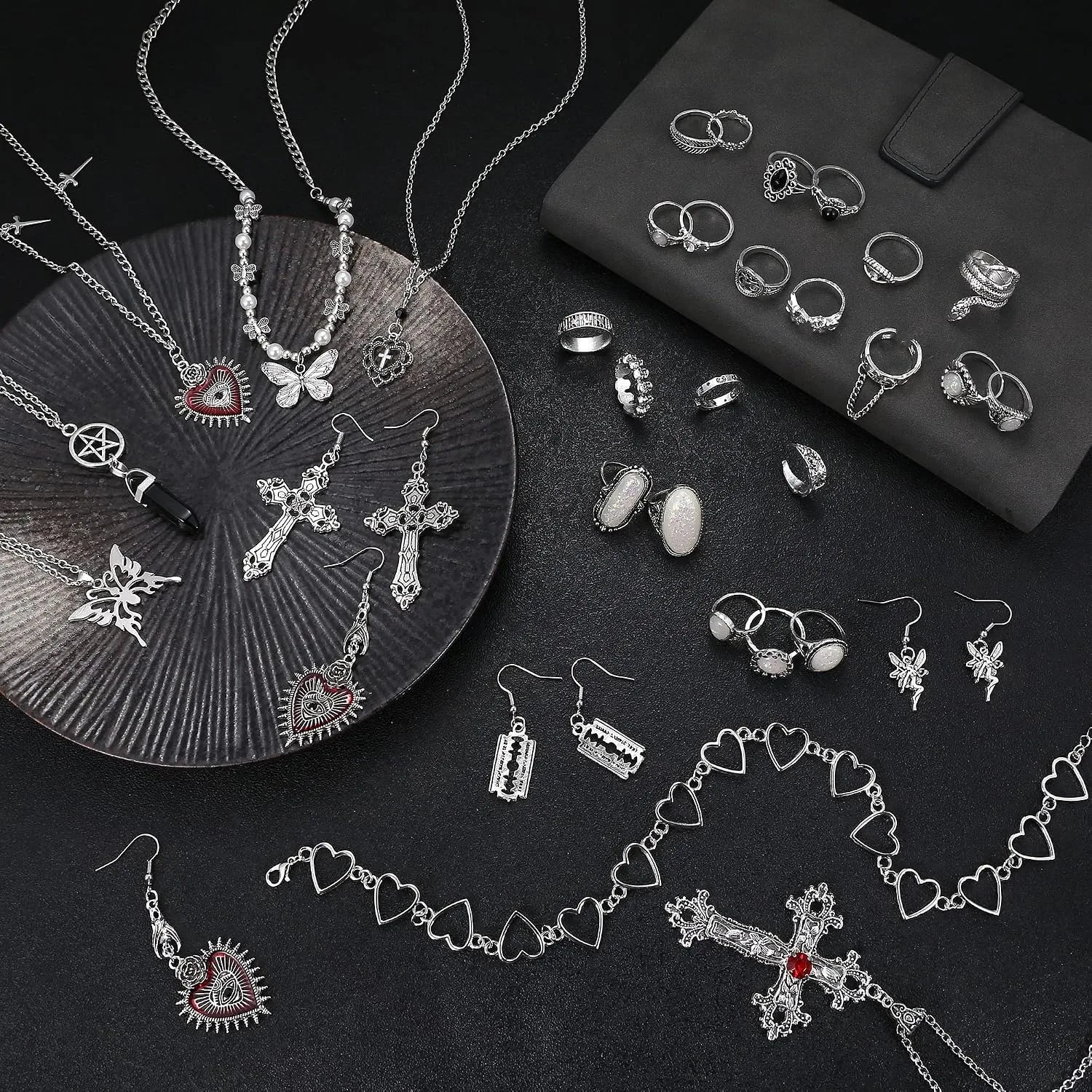 33 Pcs Vintage Grunge Punk Gothic Jewellery Set, Crystal Butterfly Cross Heart Necklaces Chokers Earrings, Adjustable Stackable Knuckle Rings Y2K Boho Fairy Accessories for Women and Men 33 Pcs Vintage Grunge Punk Gothic Jewellery Set, Crystal Butterfly Cross Heart Necklaces Chokers Earrings, Adjustable Stackable Knuckle Rings Y2K Boho Fairy Accessories for Women and Men