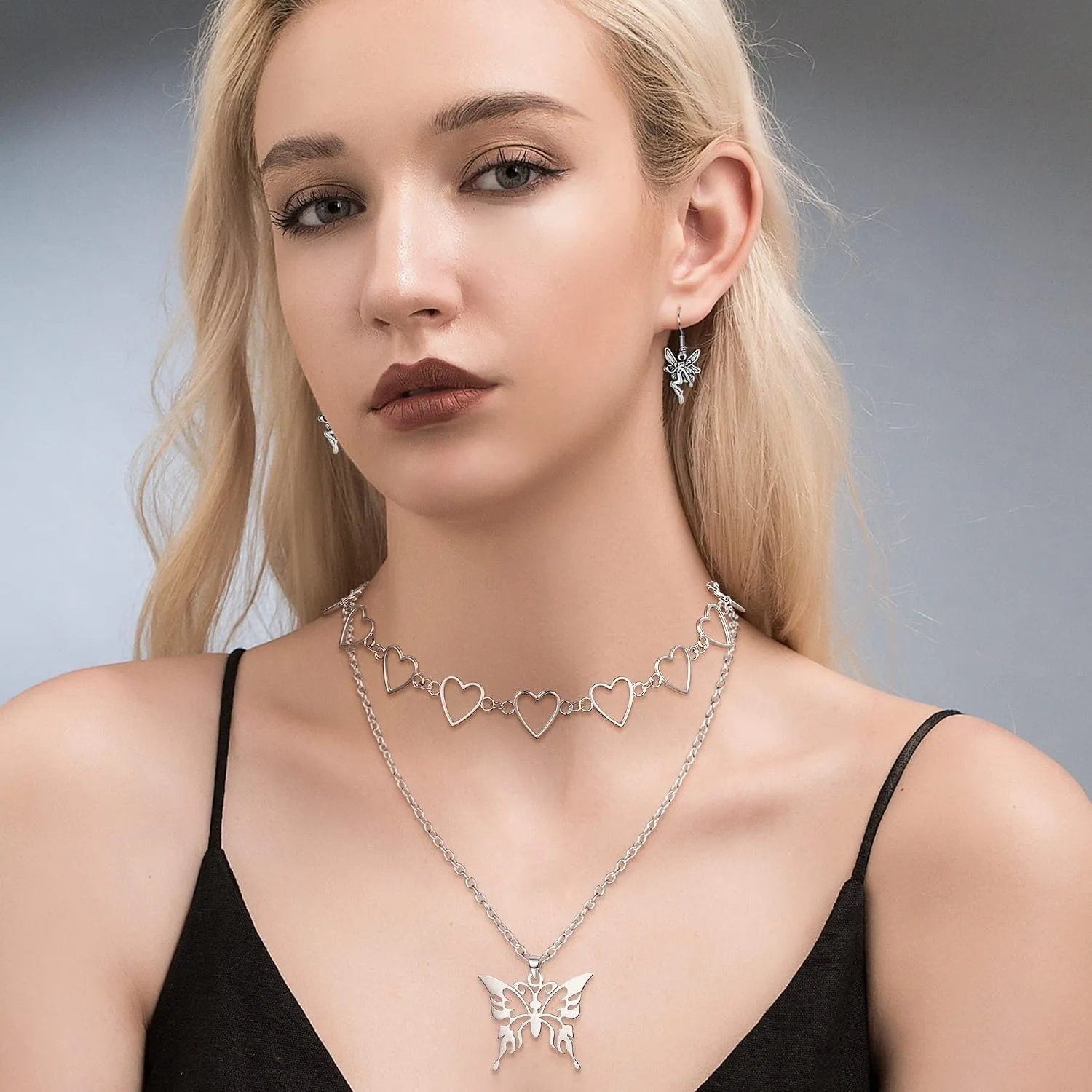 33 Pcs Vintage Grunge Punk Gothic Jewellery Set, Crystal Butterfly Cross Heart Necklaces Chokers Earrings, Adjustable Stackable Knuckle Rings Y2K Boho Fairy Accessories for Women and Men 33 Pcs Vintage Grunge Punk Gothic Jewellery Set, Crystal Butterfly Cross Heart Necklaces Chokers Earrings, Adjustable Stackable Knuckle Rings Y2K Boho Fairy Accessories for Women and Men