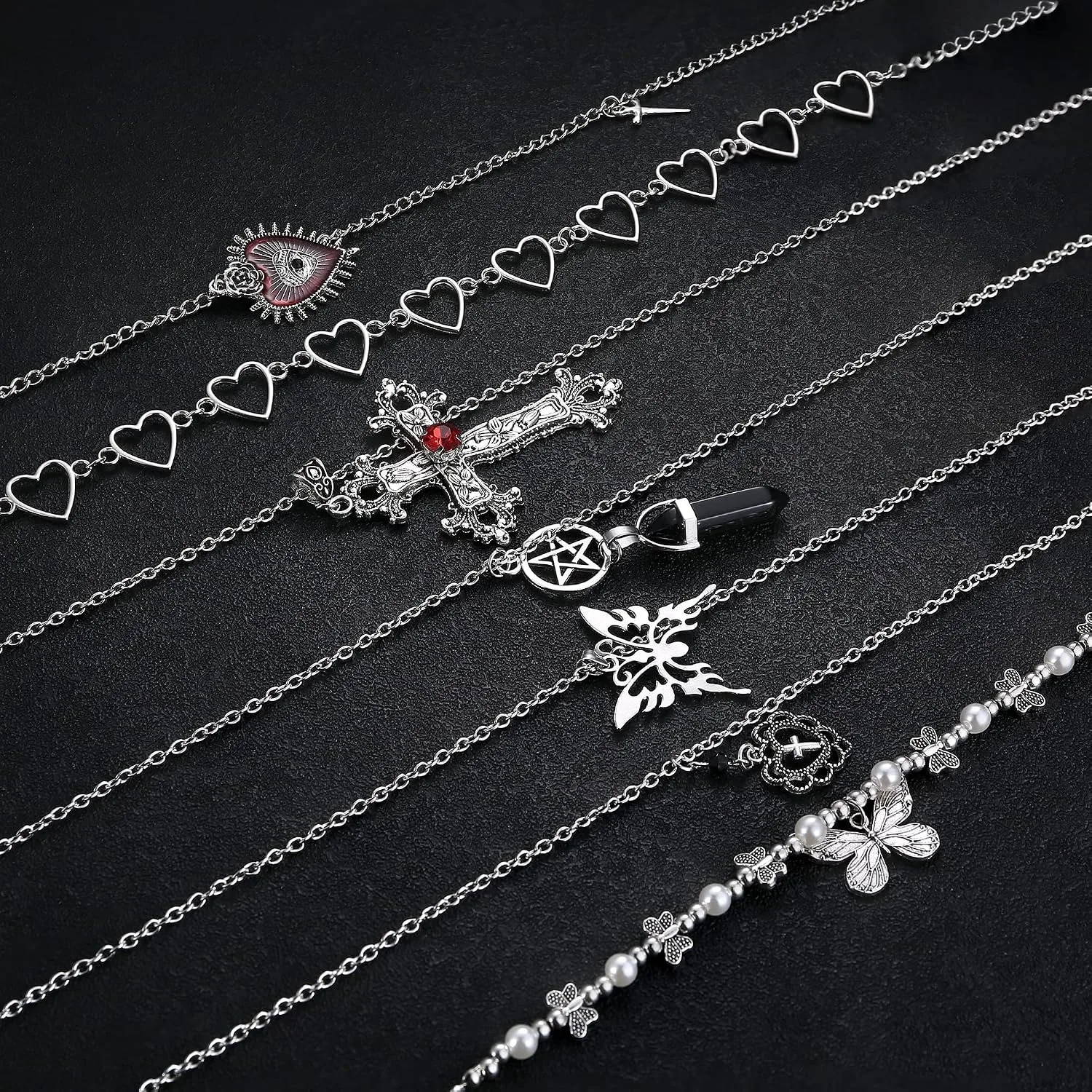 33 Pcs Vintage Grunge Punk Gothic Jewellery Set, Crystal Butterfly Cross Heart Necklaces Chokers Earrings, Adjustable Stackable Knuckle Rings Y2K Boho Fairy Accessories for Women and Men 33 Pcs Vintage Grunge Punk Gothic Jewellery Set, Crystal Butterfly Cross Heart Necklaces Chokers Earrings, Adjustable Stackable Knuckle Rings Y2K Boho Fairy Accessories for Women and Men