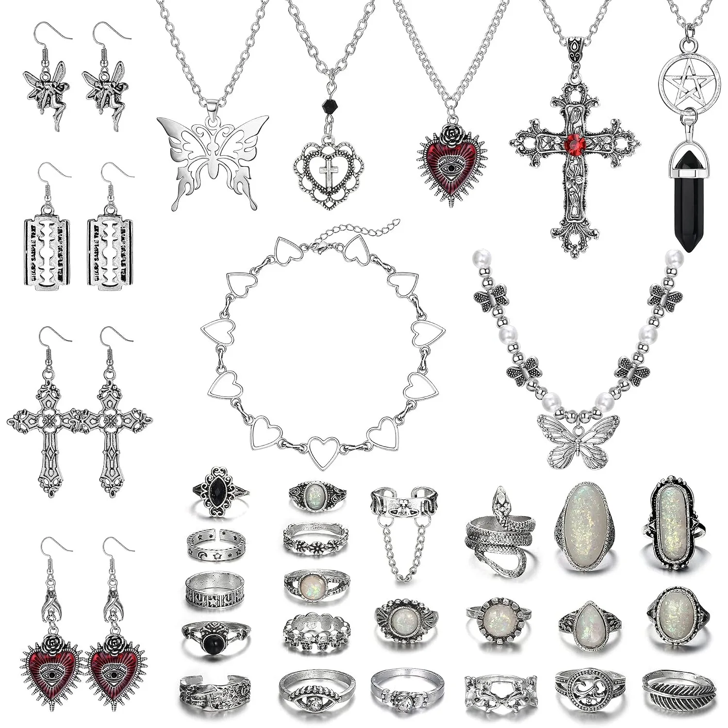 33 Pcs Vintage Grunge Punk Gothic Jewellery Set, Crystal Butterfly Cross Heart Necklaces Chokers Earrings, Adjustable Stackable Knuckle Rings Y2K Boho Fairy Accessories for Women and Men 33 Pcs Vintage Grunge Punk Gothic Jewellery Set, Crystal Butterfly Cross Heart Necklaces Chokers Earrings, Adjustable Stackable Knuckle Rings Y2K Boho Fairy Accessories for Women and Men