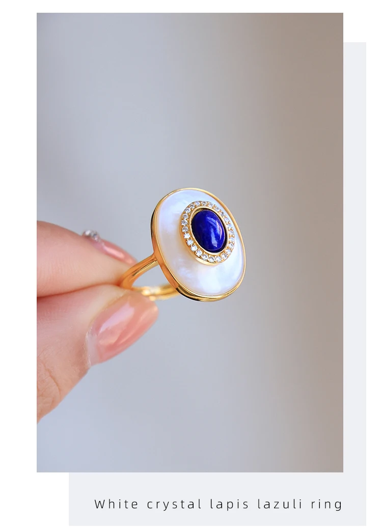 Natural Lapis Lazuli Ring Necklace Earrings S925 Sterling Silver Gold-Plated White Mother of Pearl Jewelry Set