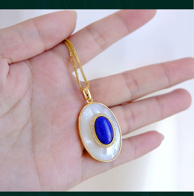 Natural Lapis Lazuli Ring Necklace Earrings S925 Sterling Silver Gold-Plated White Mother of Pearl Jewelry Set