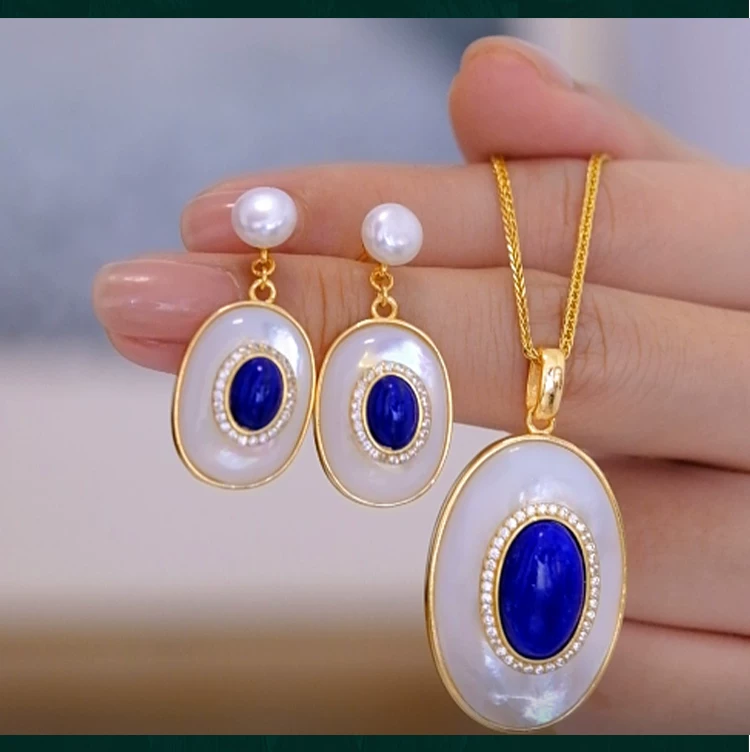 Natural Lapis Lazuli Ring Necklace Earrings S925 Sterling Silver Gold-Plated White Mother of Pearl Jewelry Set