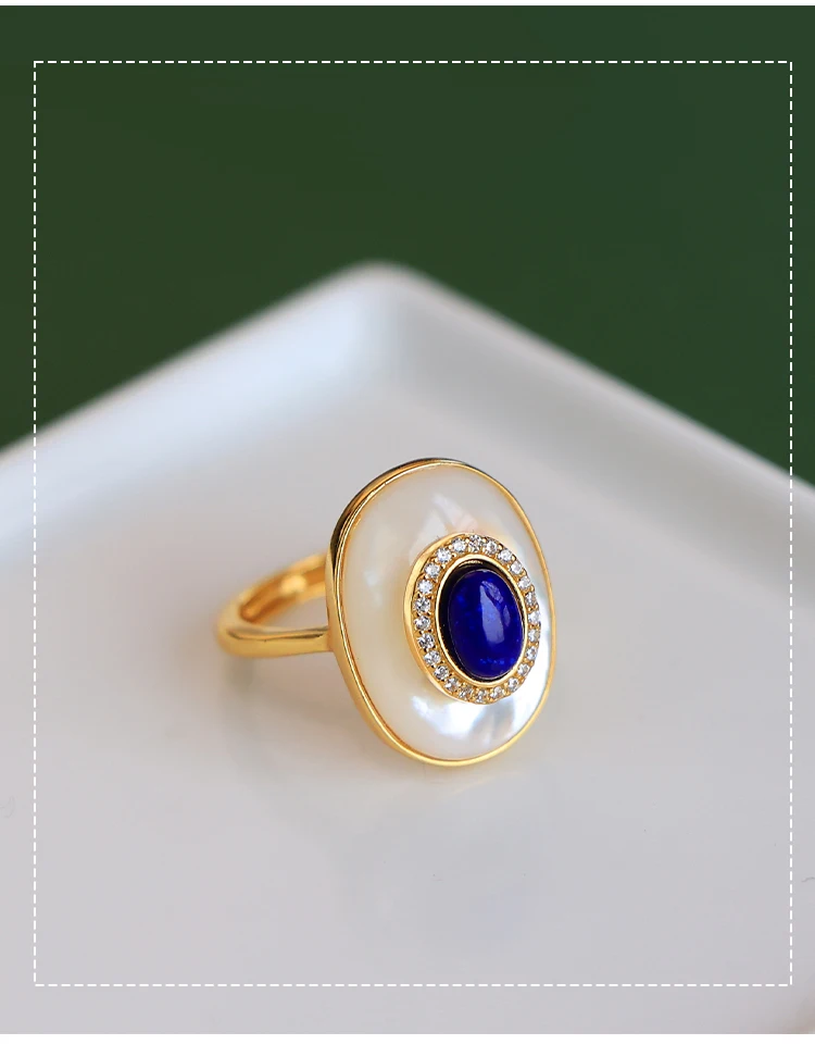 Natural Lapis Lazuli Ring Necklace Earrings S925 Sterling Silver Gold-Plated White Mother of Pearl Jewelry Set Natural Lapis Lazuli Ring Necklace Earrings S925 Sterling Silver Gold-Plated White Mother of Pearl Jewelry Set